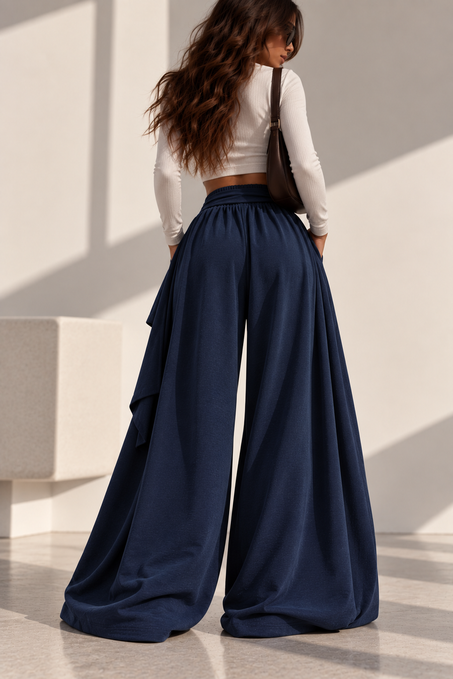 Draped Wide-Leg Pants – Navy