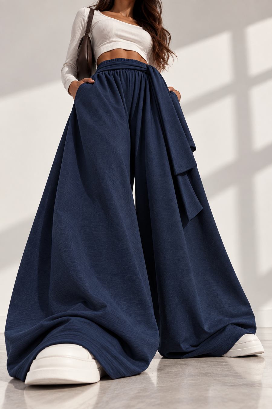 Draped Wide-Leg Pants – Navy