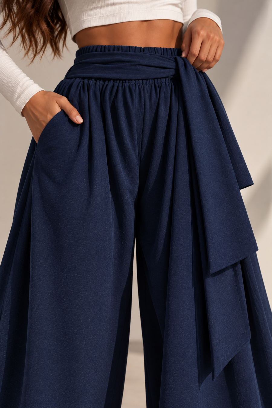 Draped Wide-Leg Pants – Navy