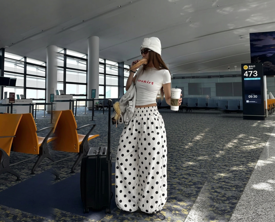 Polka Dot Wide Leg Pants – white