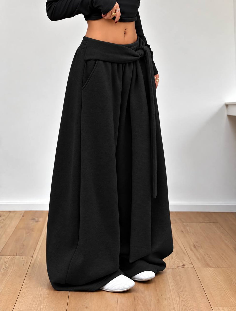 Draped Wide-Leg Pants – Black