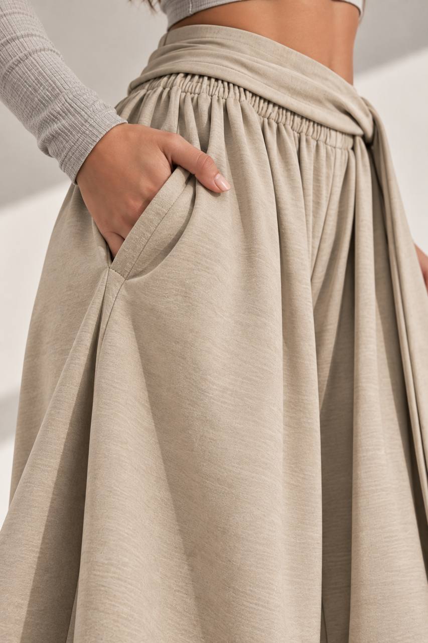 Draped Wide-Leg Pants – Beige