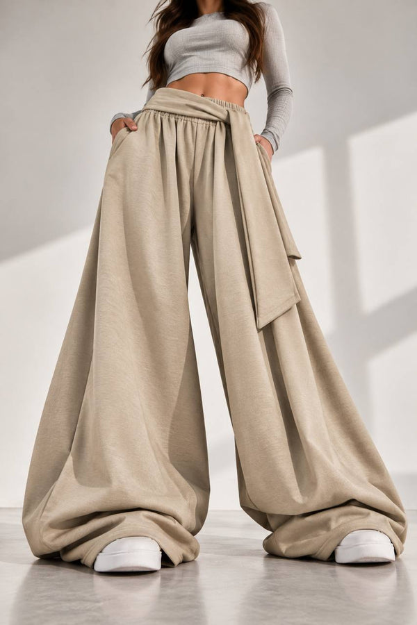 Draped Wide-Leg Pants – Beige