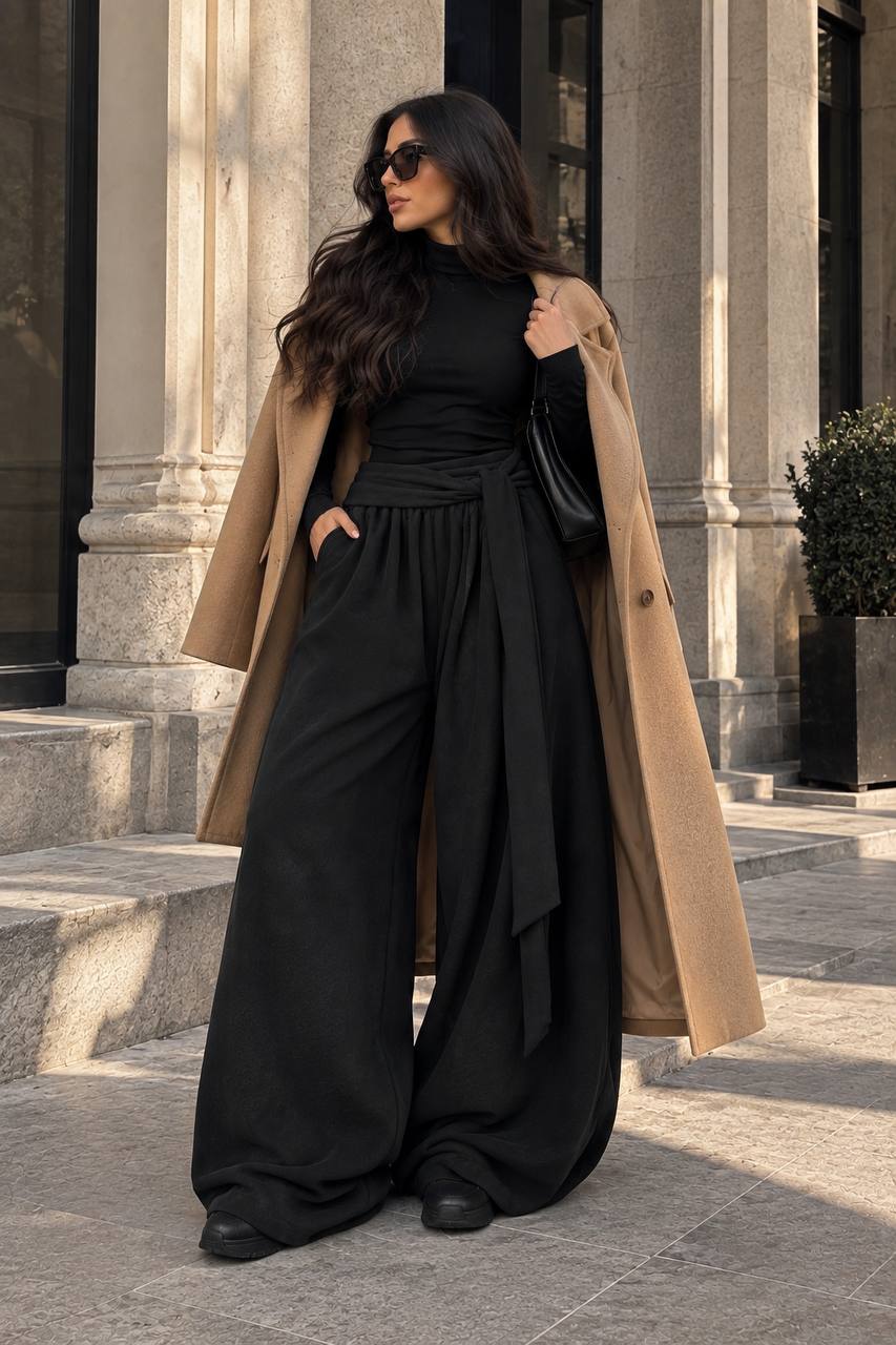 Draped Wide-Leg Pants – Black