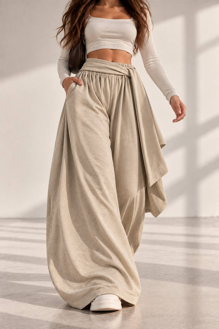 Draped Wide-Leg Pants – Beige