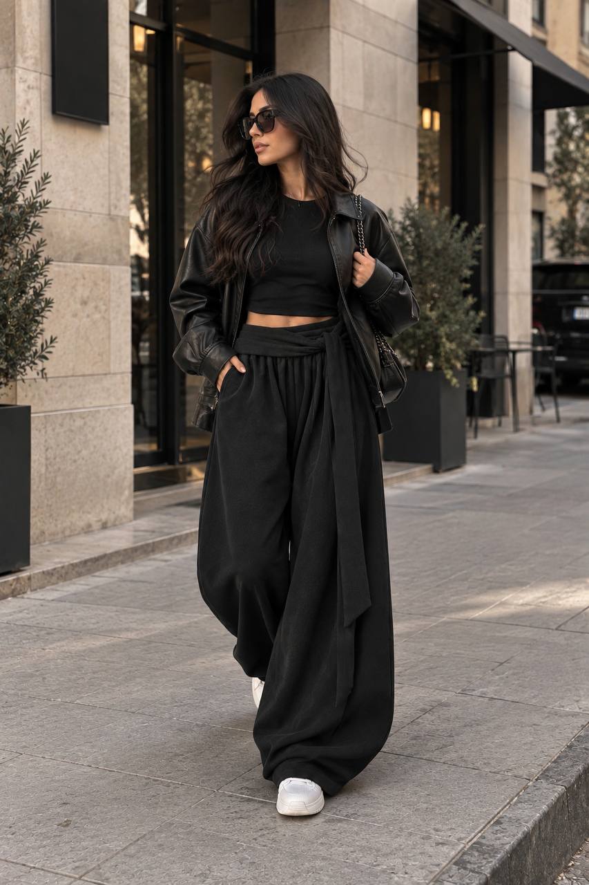 Draped Wide-Leg Pants – Black
