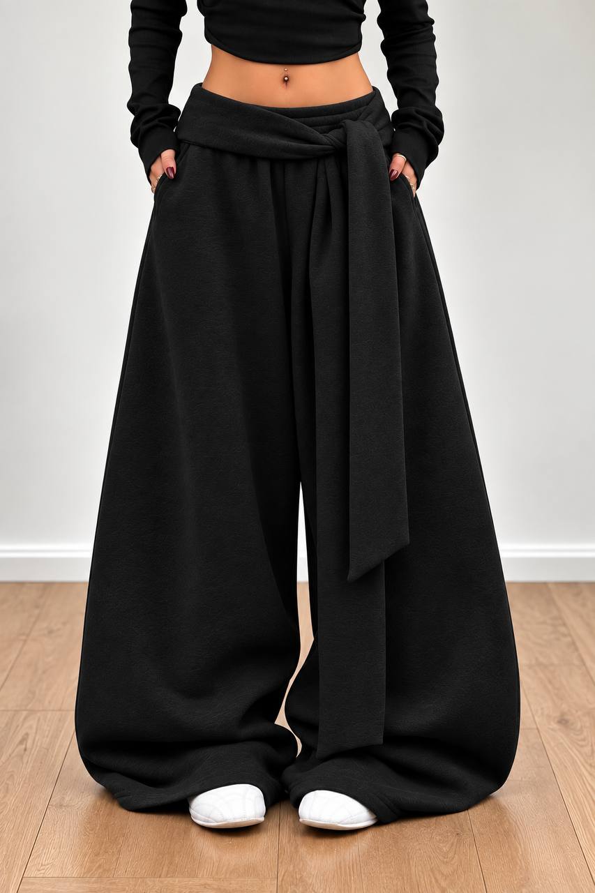 Draped Wide-Leg Pants – Black