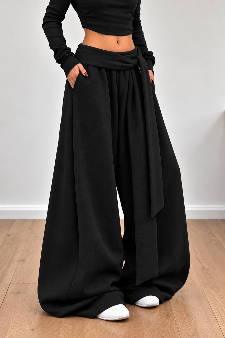 Draped Wide-Leg Pants – Black