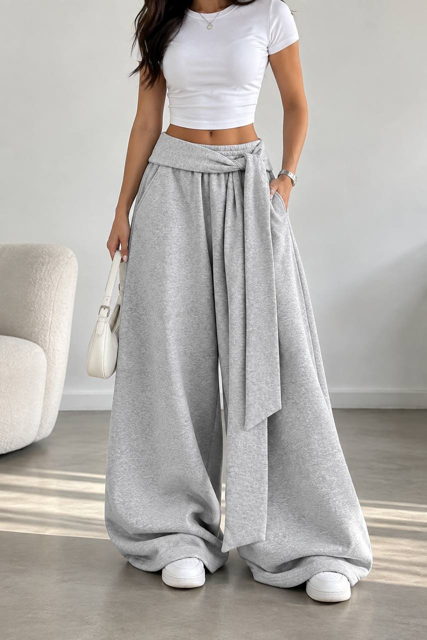 Draped Wide-Leg Pants – Light Grey