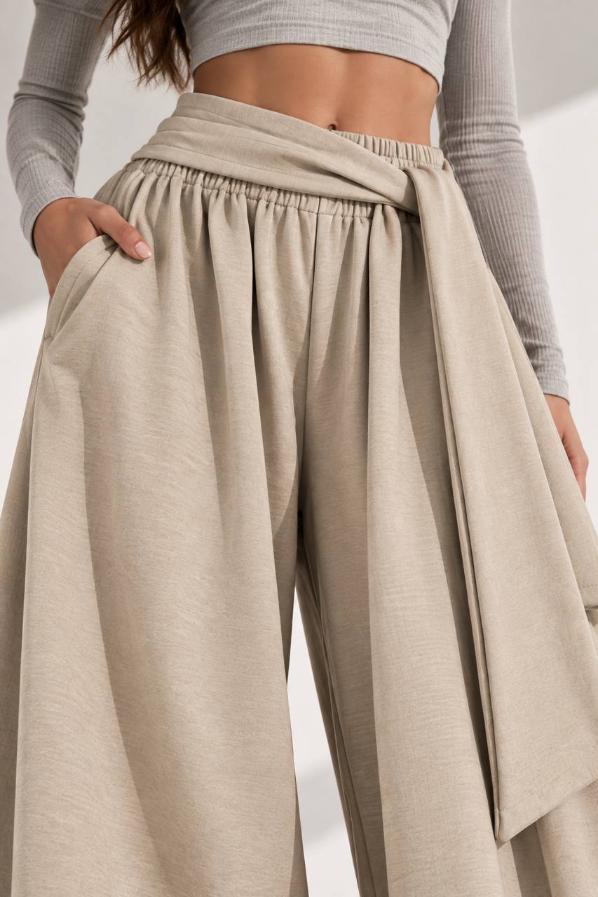 Draped Wide-Leg Pants – Beige