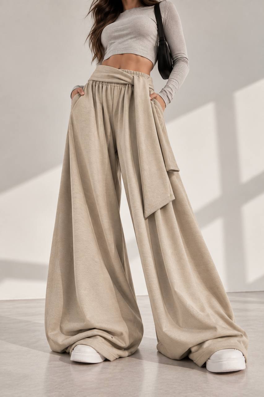 Draped Wide-Leg Pants – Beige