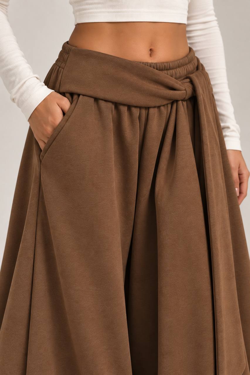 Draped Wide-Leg Pants – Brown