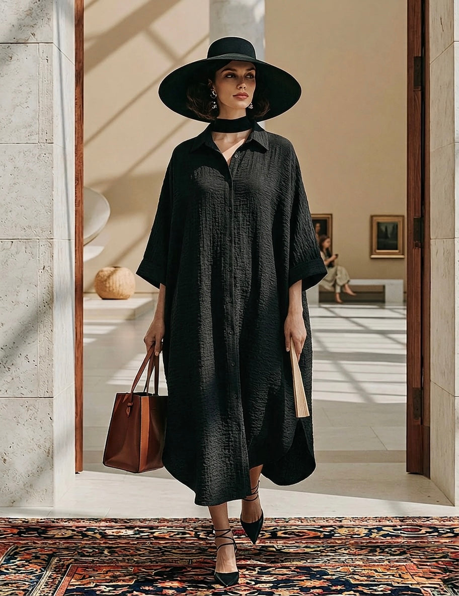 Oversized Linen Shirt Dress – Black