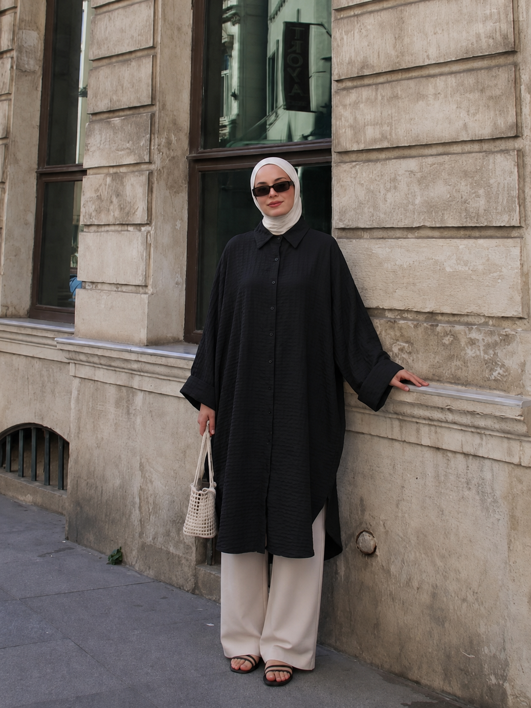 Oversized Linen Shirt Dress – Black