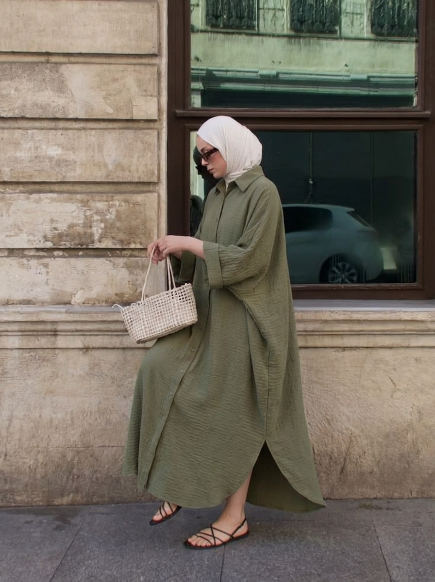 Oversized Linen Shirt Dress – Olive Green