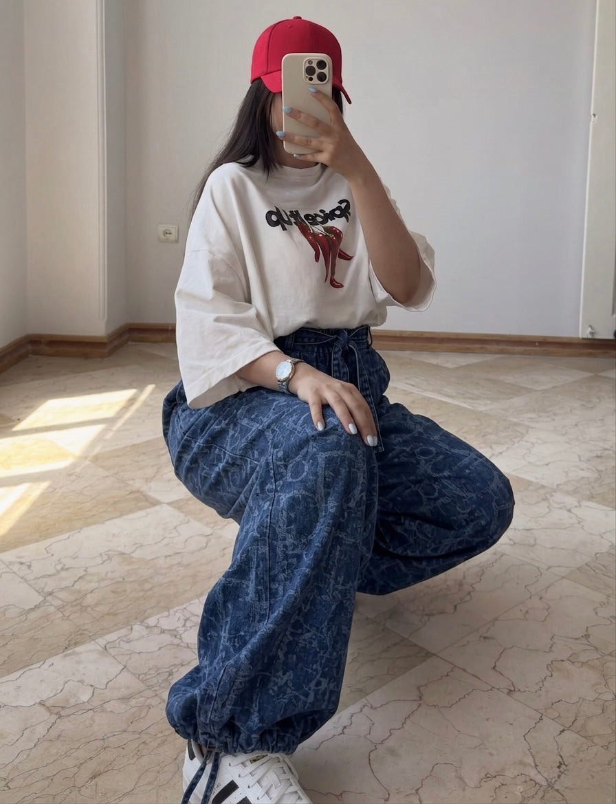 Washed Leaf Denim Wide-Leg Pants