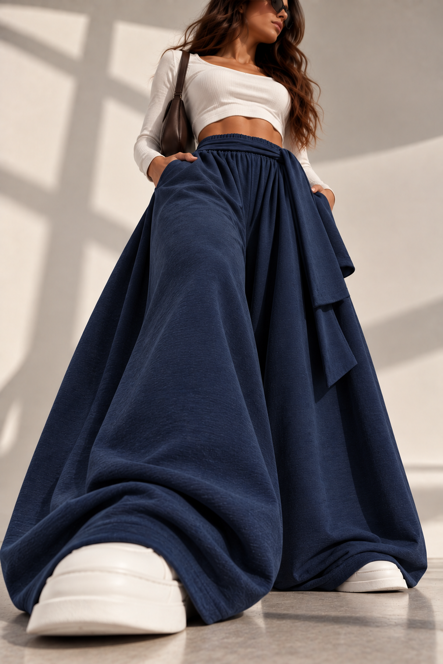 Draped Wide-Leg Pants – Navy
