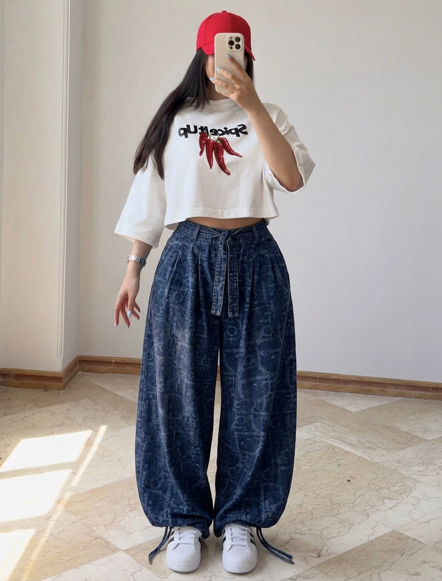 Washed Leaf Denim Wide-Leg Pants