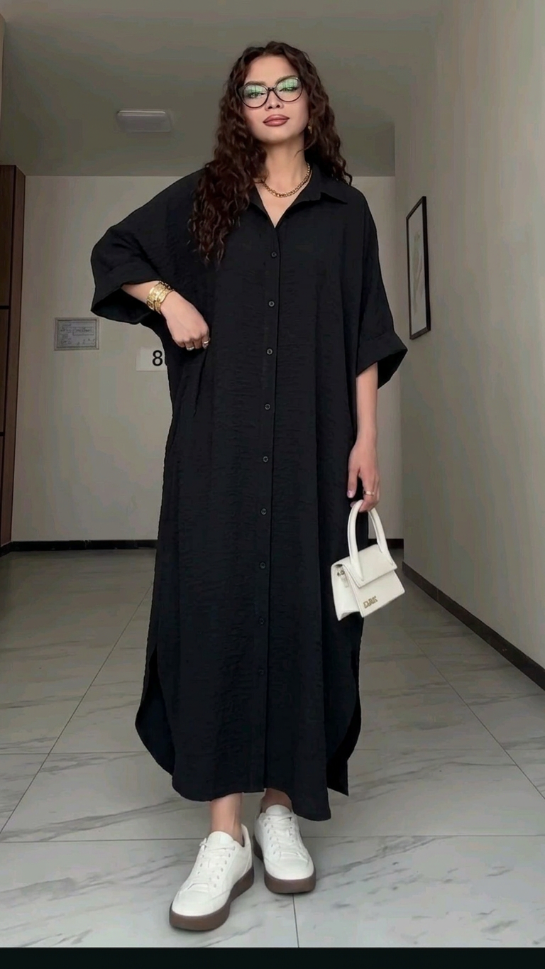 Oversized Linen Shirt Dress – Black