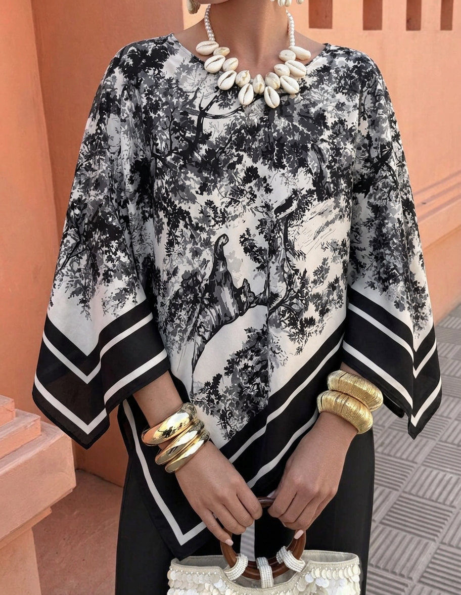 Printed Poncho Blouse – black