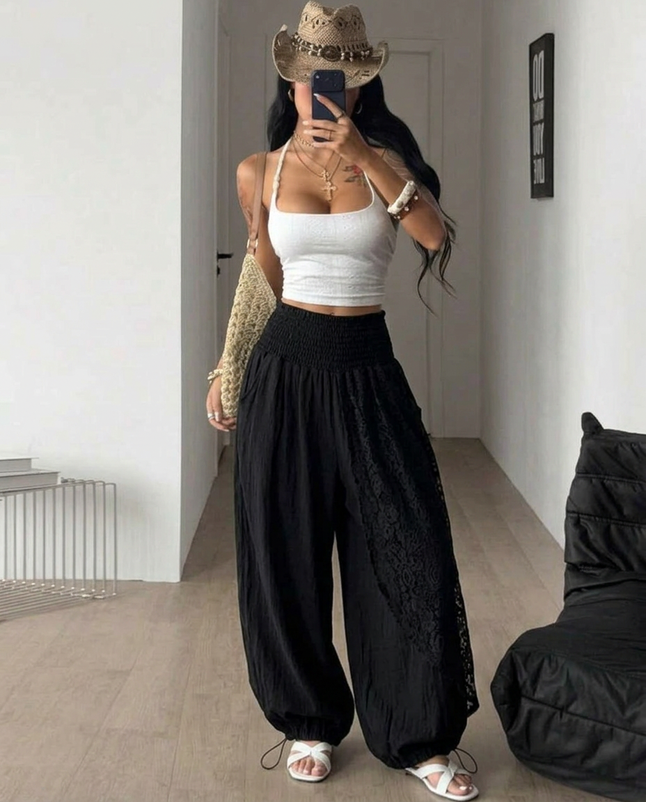 Linen Lace Pants – Black