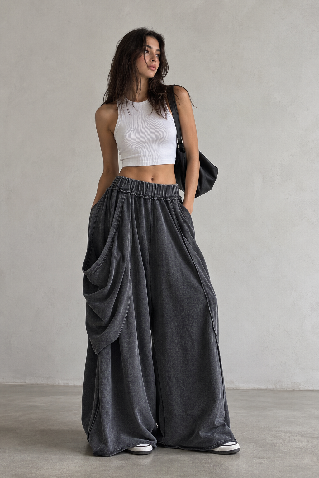 Draped Wide-Leg Pants – Charcoal Grey