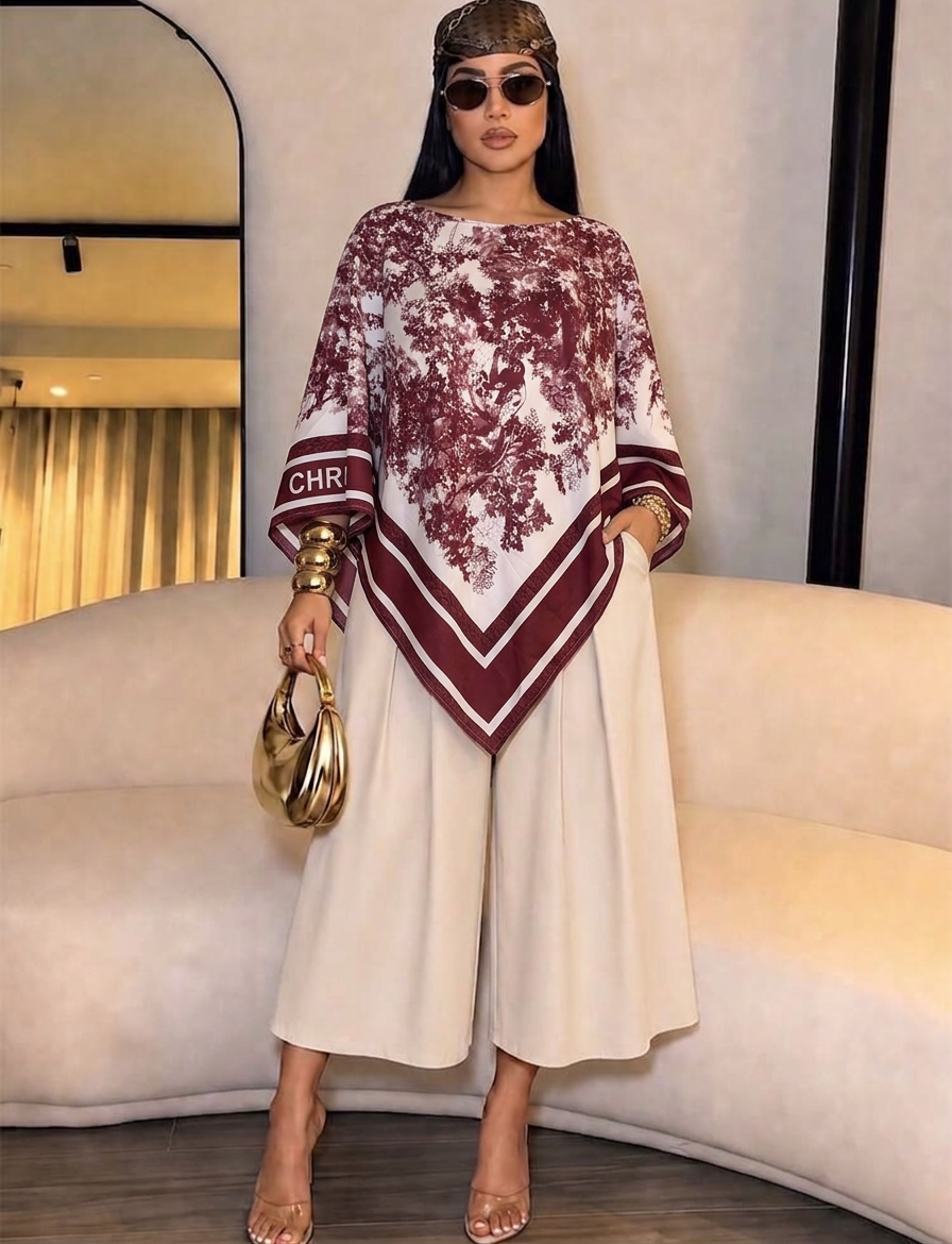Printed Poncho Blouse – Burgundy