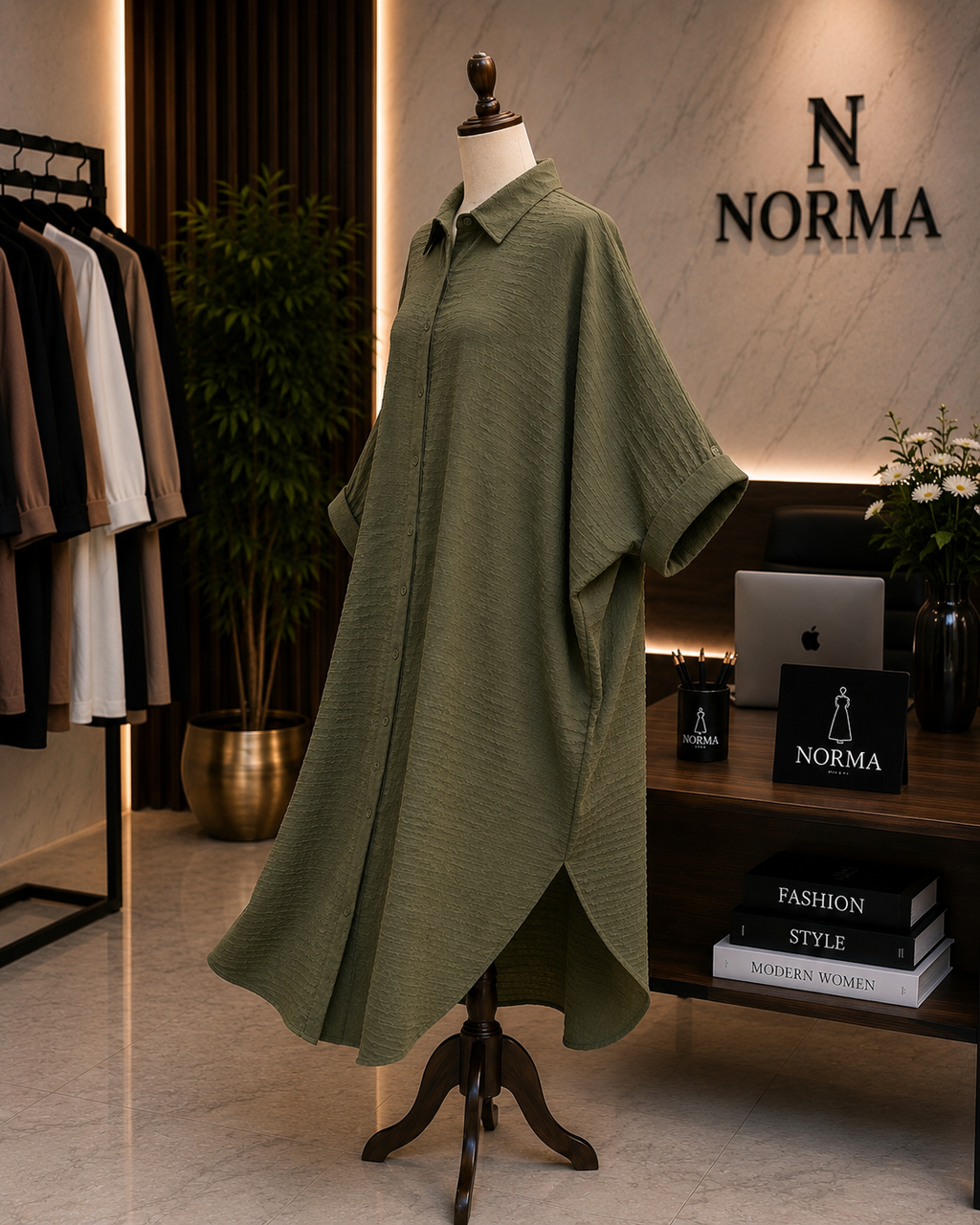 Oversized Linen Shirt Dress – Olive Green