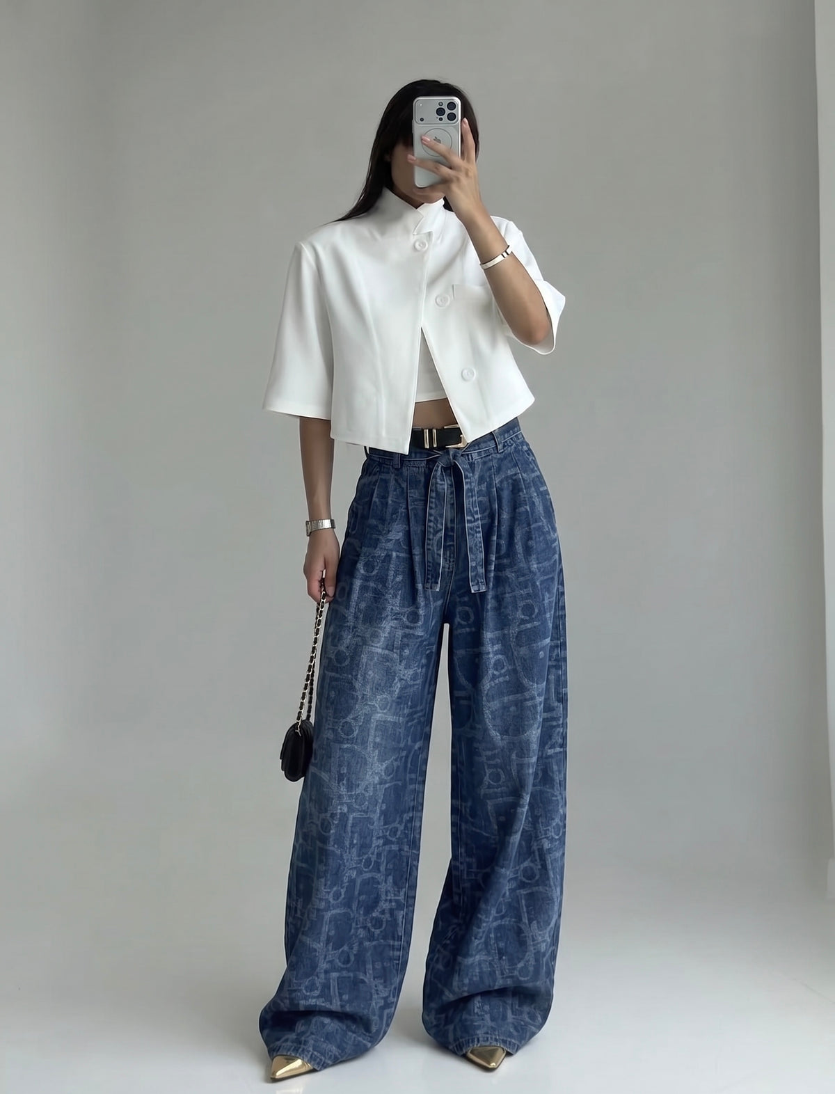 Washed Leaf Denim Wide-Leg Pants
