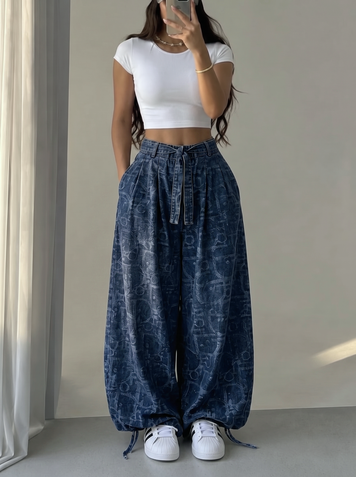 Washed Leaf Denim Wide-Leg Pants