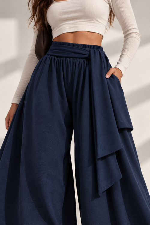 Draped Wide-Leg Pants – Navy