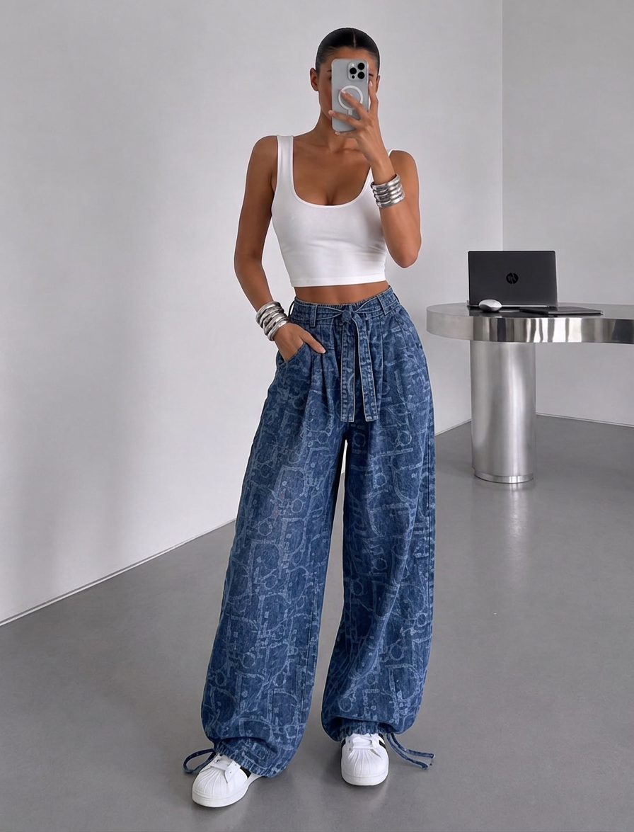 Washed Leaf Denim Wide-Leg Pants