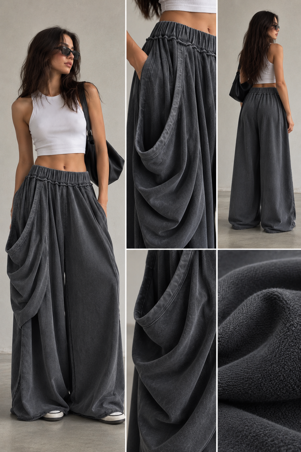 Draped Wide-Leg Pants – Charcoal Grey