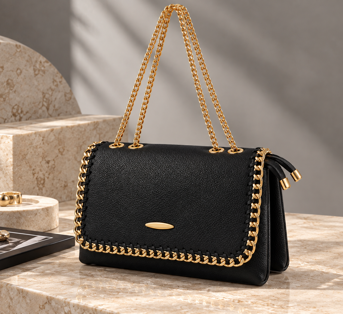 NORMA BAG | Black Leather Chain Shoulder Bag