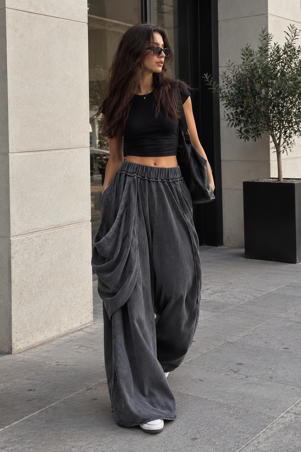Draped Wide-Leg Pants – Charcoal Grey