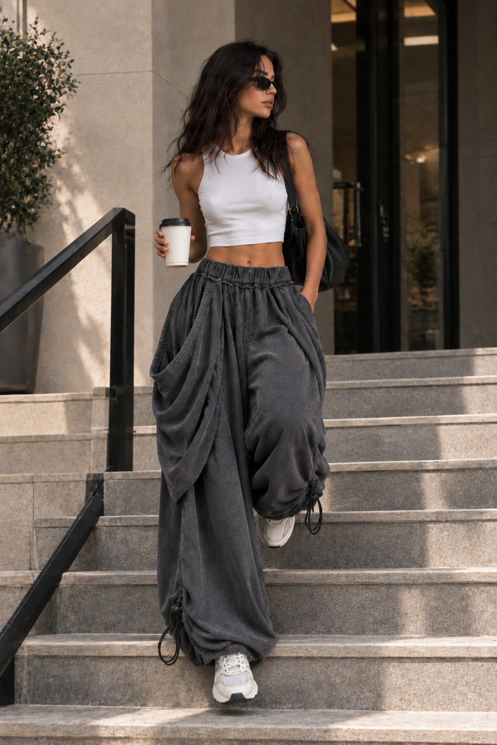 Draped Wide-Leg Pants – Charcoal Grey