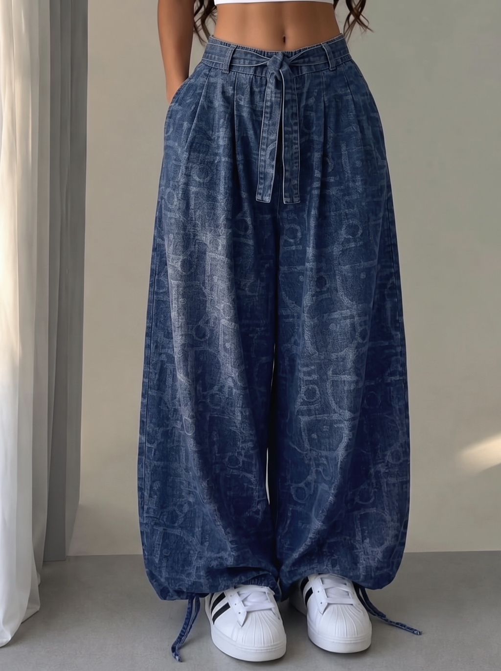 Washed Leaf Denim Wide-Leg Pants