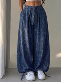 Washed Leaf Denim Wide-Leg Pants