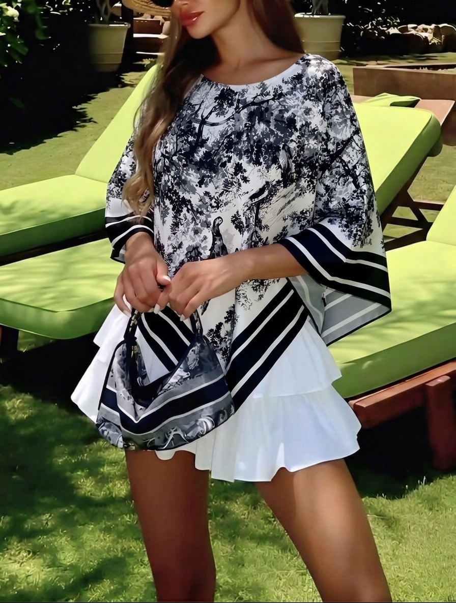 Printed Poncho Blouse – black