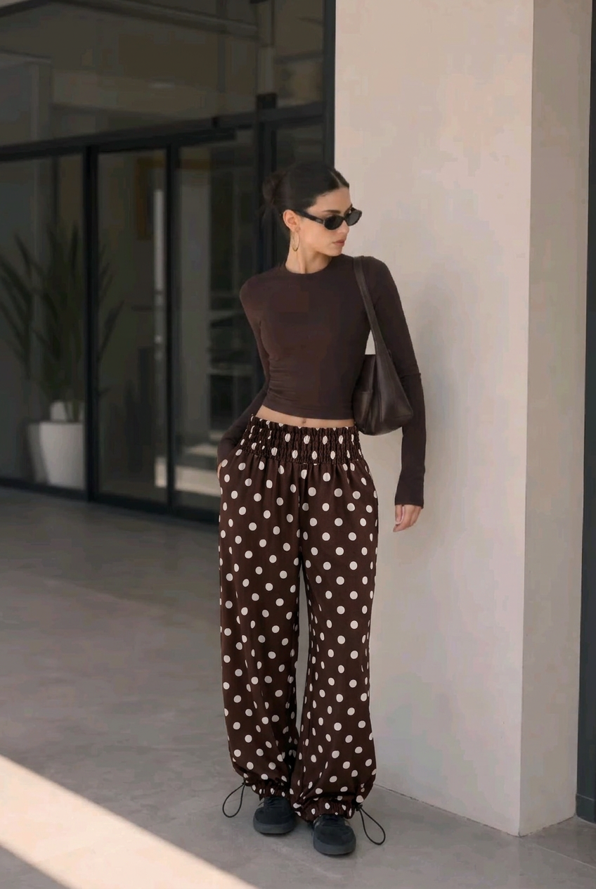 Polka Dot Wide Leg Pants – brown