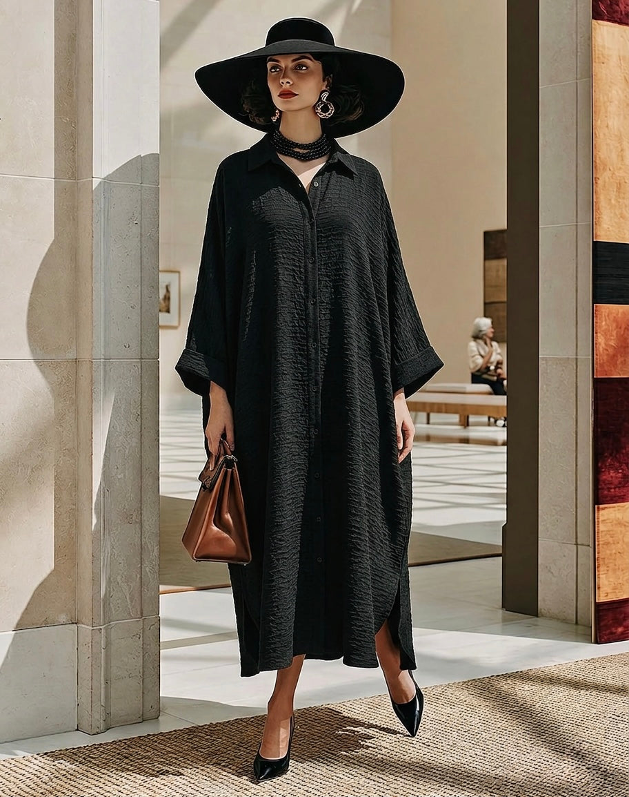 Oversized Linen Shirt Dress – Black