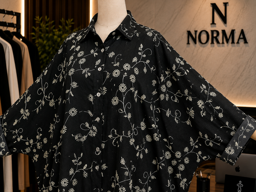 Embroidered Oversized Shirt Dress – Black