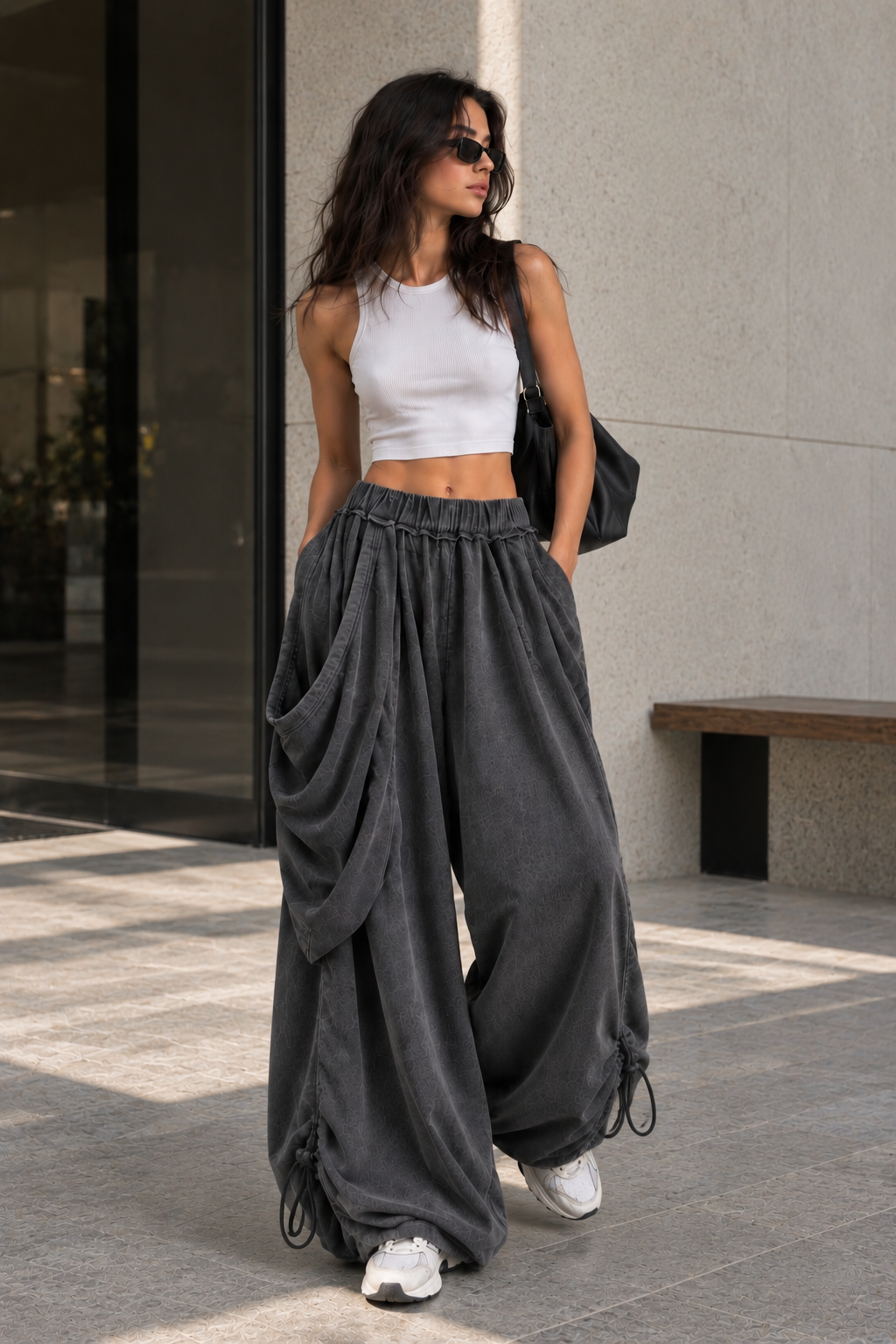Draped Wide-Leg Pants – Charcoal Grey