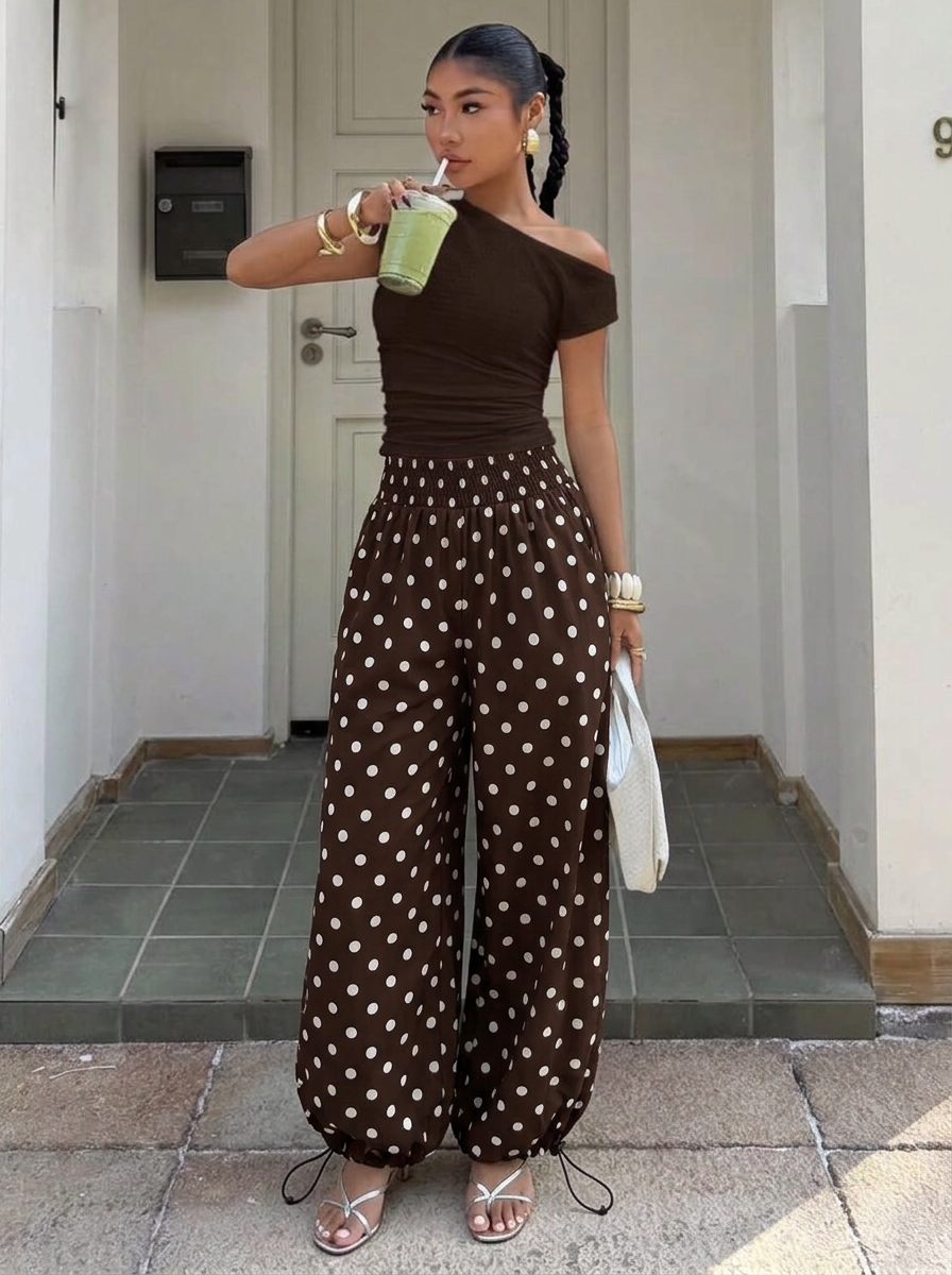 Polka Dot Wide Leg Pants – brown