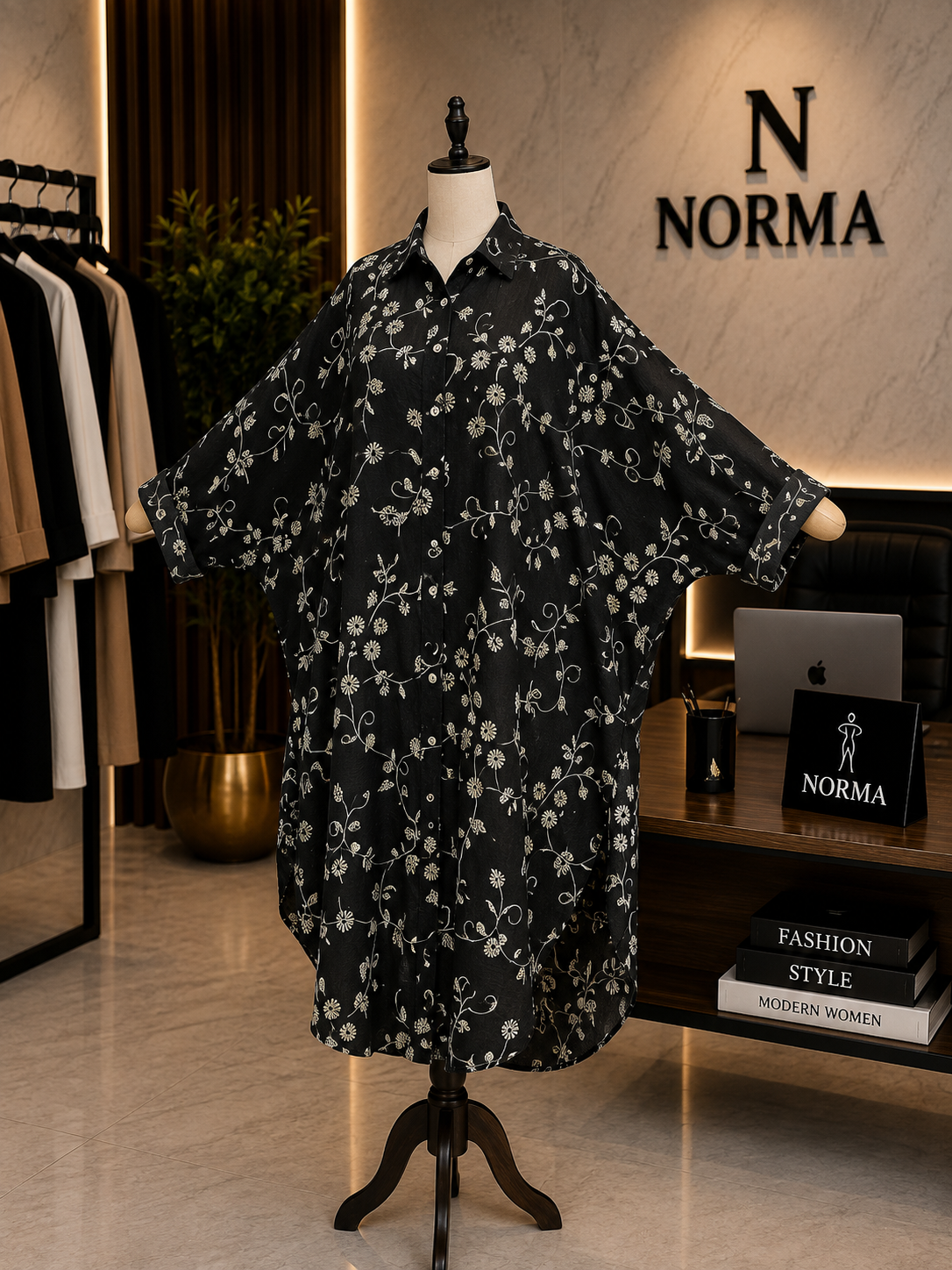 Embroidered Oversized Shirt Dress – Black