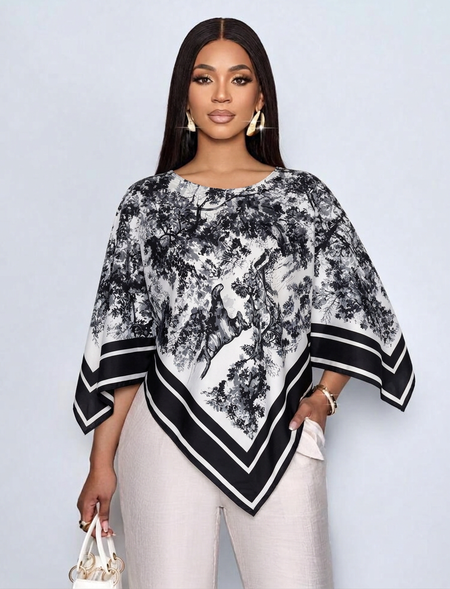 Printed Poncho Blouse – black