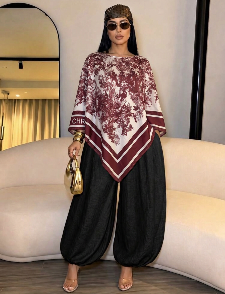 Printed Poncho Blouse – Burgundy