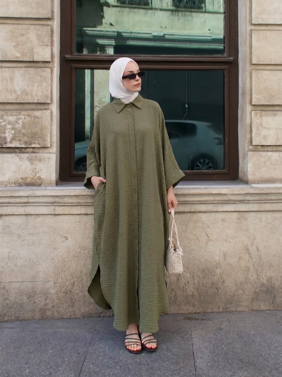 Oversized Linen Shirt Dress – Olive Green