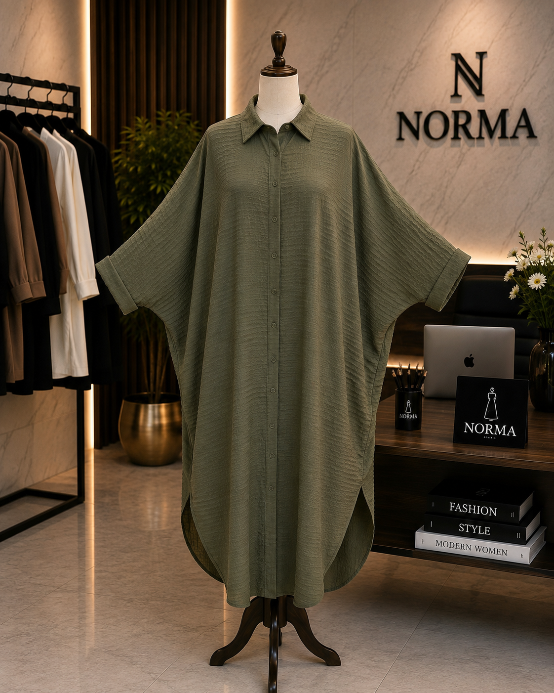 Oversized Linen Shirt Dress – Olive Green