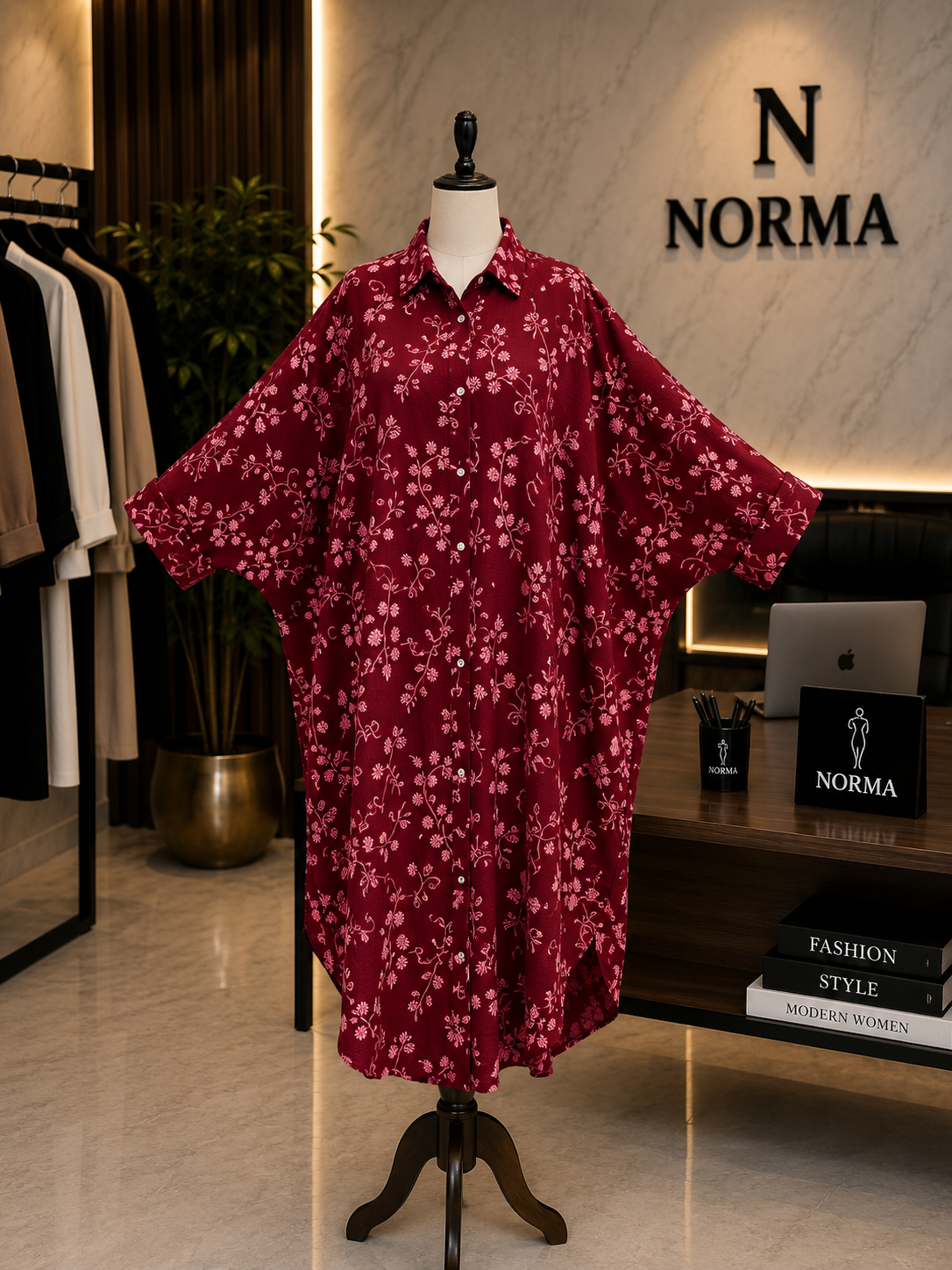 Embroidered Oversized Shirt Dress – Burgundy